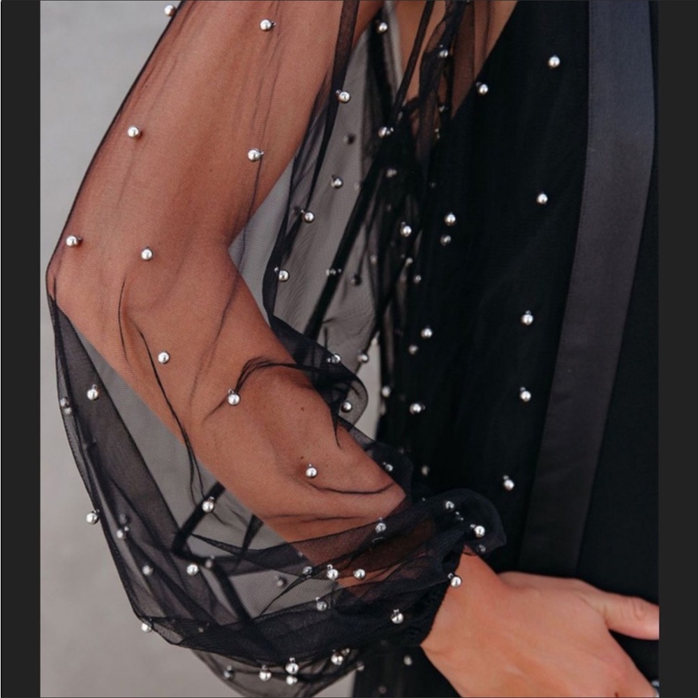 1 Left! Black Tulle Open Front Duster Kimono w/Silver Beads - Picture 5 of 9